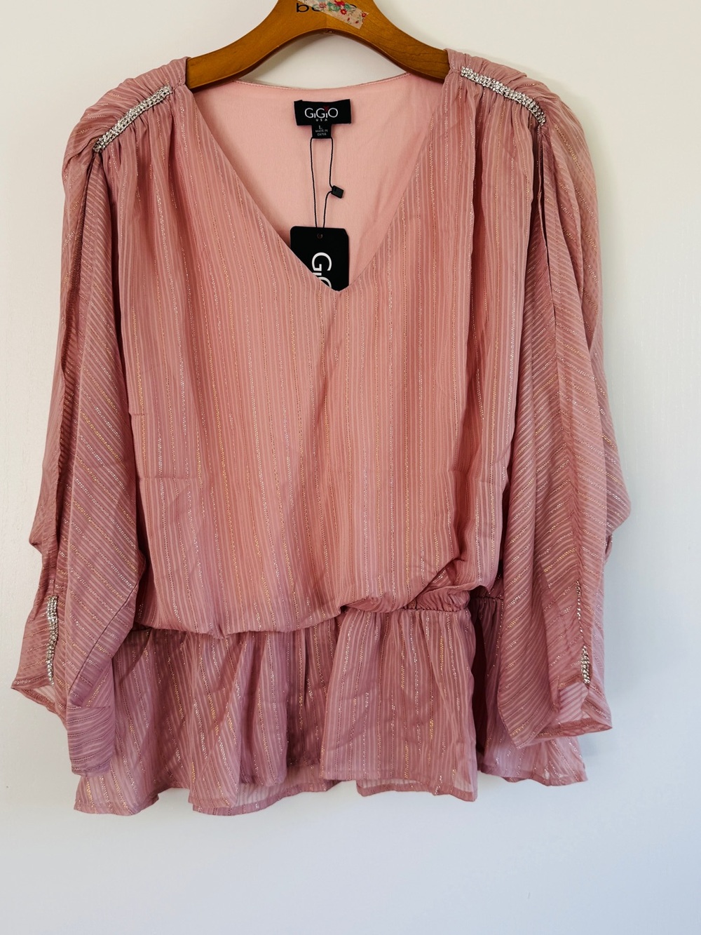 Gigio Pink Metallic Stripe V-Neck Peplum Blouse Open Sleeves Rhinestones Party